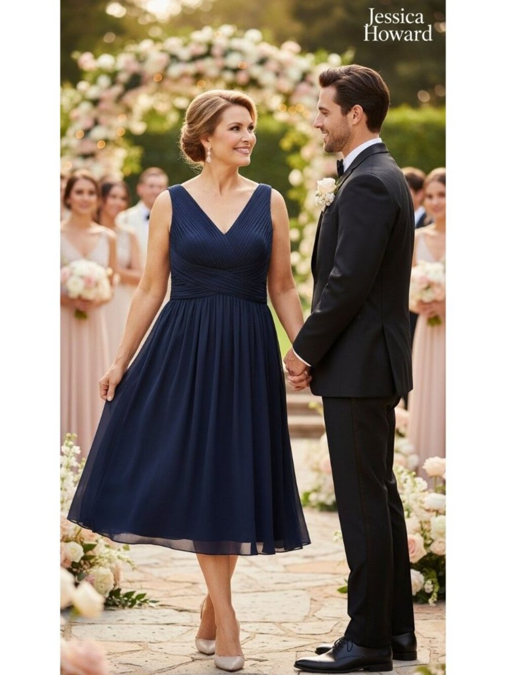 Jessica Howard Navy Sleeveless V-Neck Pleated Bodice Midi Dress Size 14 100% Pol